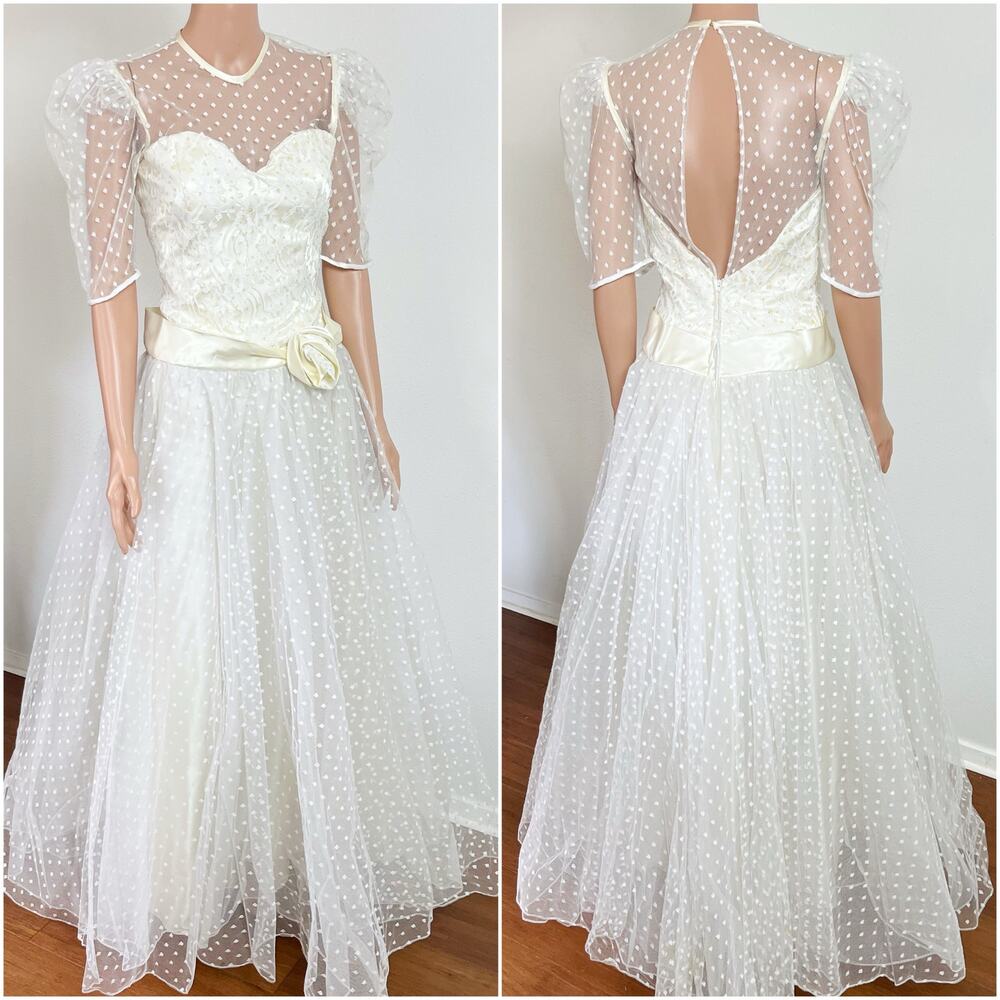 Vintage 80s Does 50s Swiss Dot Maxi Wedding‎ Dress // Size Small